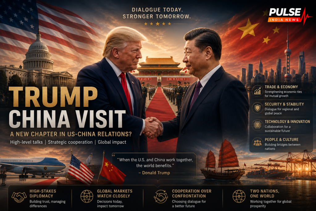 Donald Trump and Xi Jinping shaking hands during Trump’s China visit 2026 with US and Chinese flags in the background