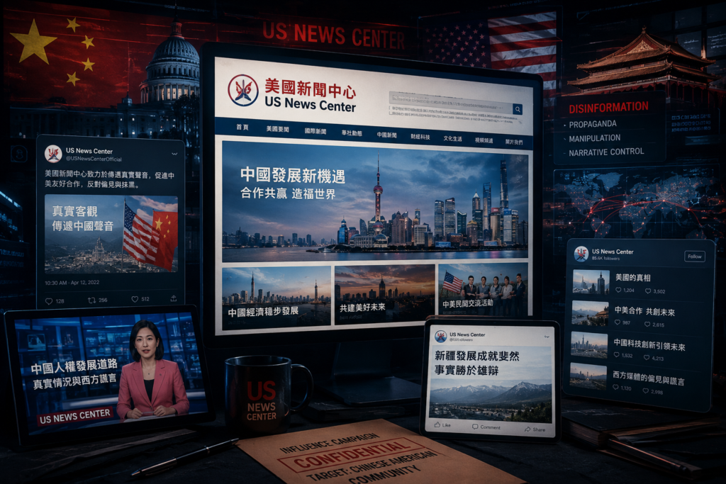 Illustration of Chinese-language media platform “US News Center” with propaganda-style newsroom visuals and US-China influence themes.