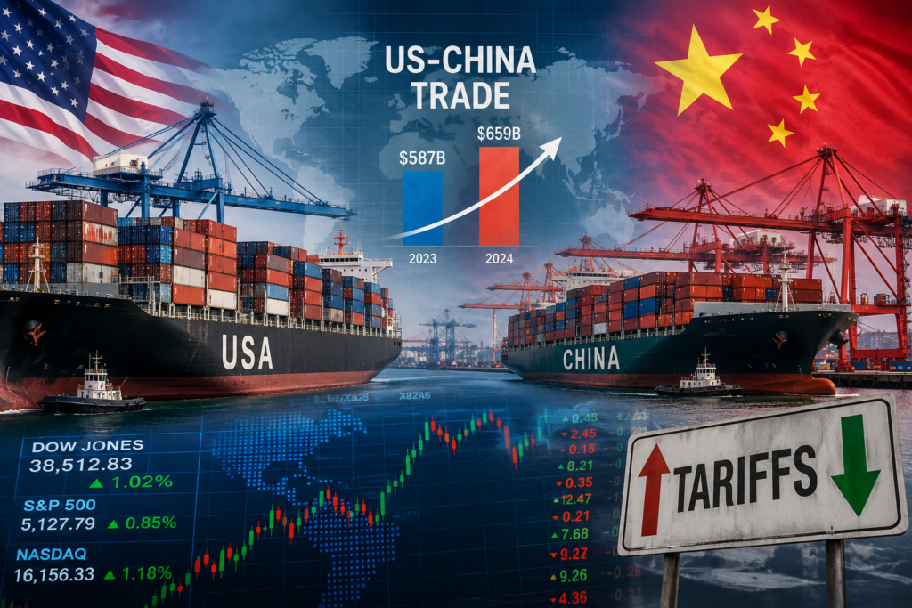 US China trade war tariffs and global supply chain illustration