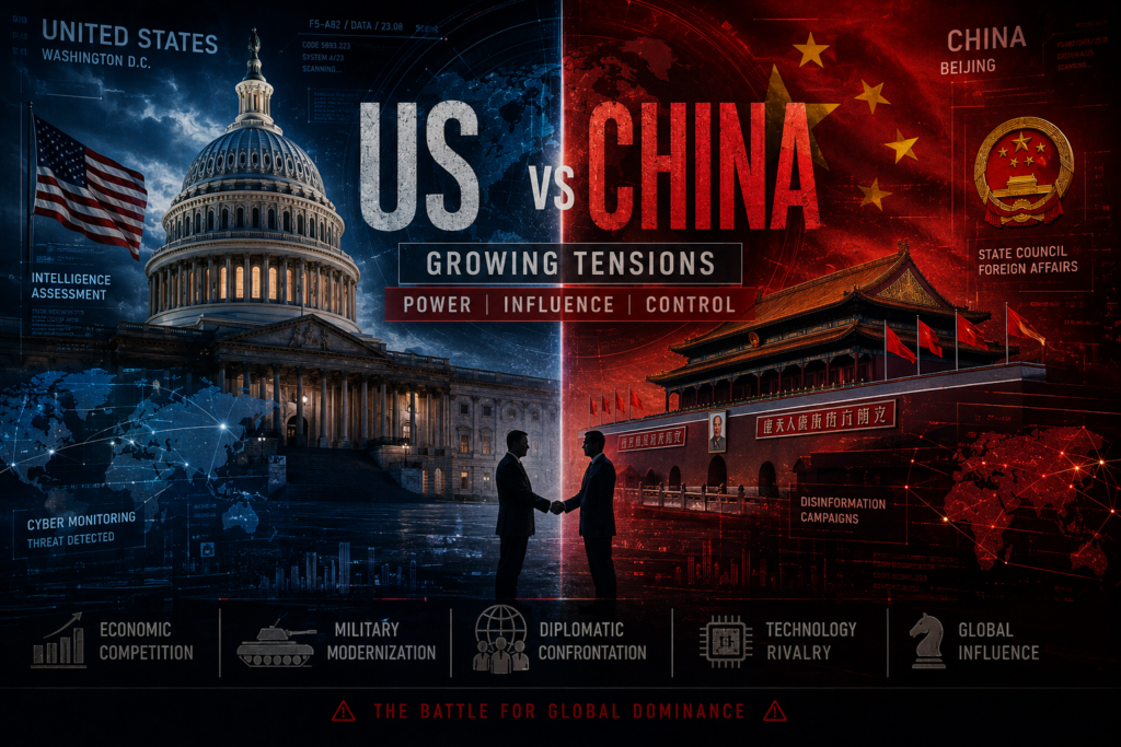US-China geopolitical tensions graphic showing intelligence, diplomacy and foreign influence themes