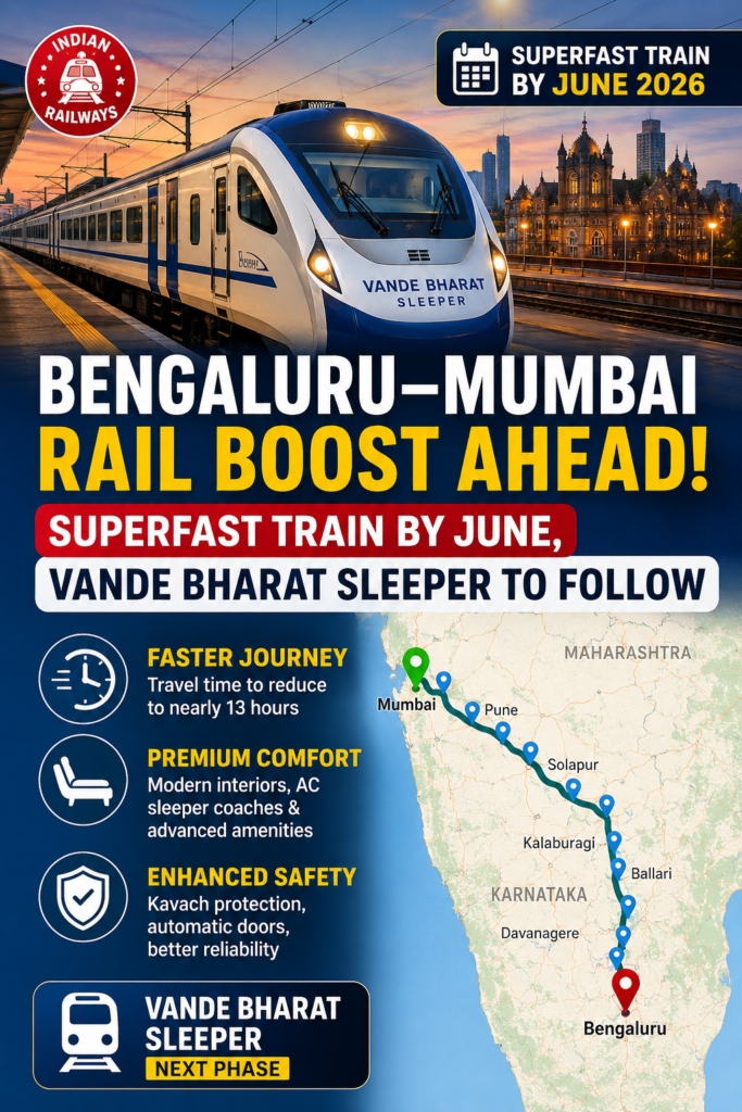 Vande Bharat Sleeper train graphic showing proposed Bengaluru-Mumbai superfast rail corridor and reduced travel time