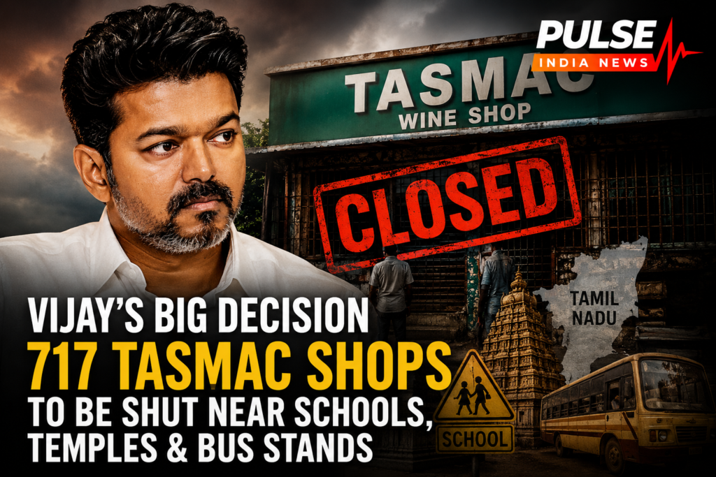 Tamil Nadu CM Vijay with TASMAC liquor shop closure graphic and Pulse India News logo in cinematic news style.