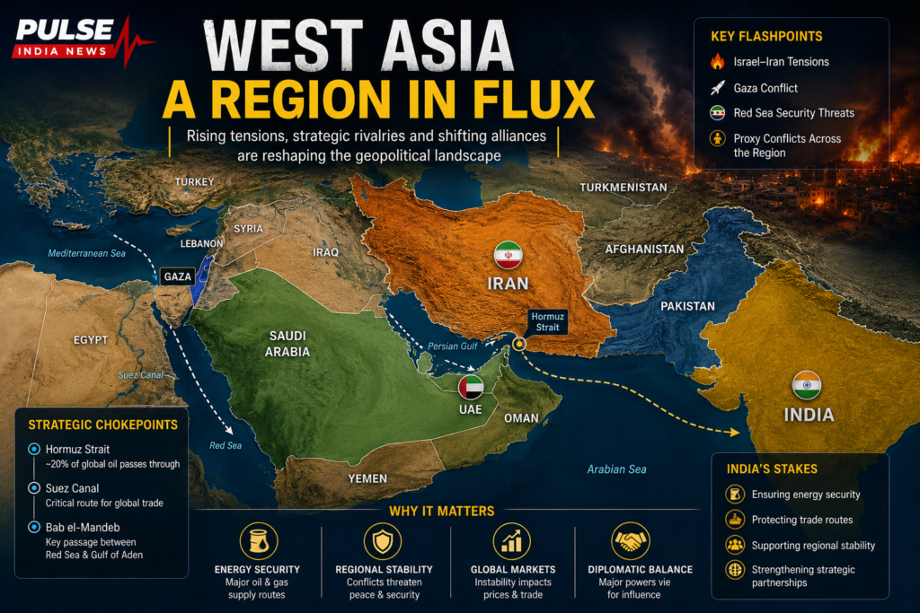 Geopolitical map of West Asia highlighting India, Iran, UAE and regional trade and energy routes.
