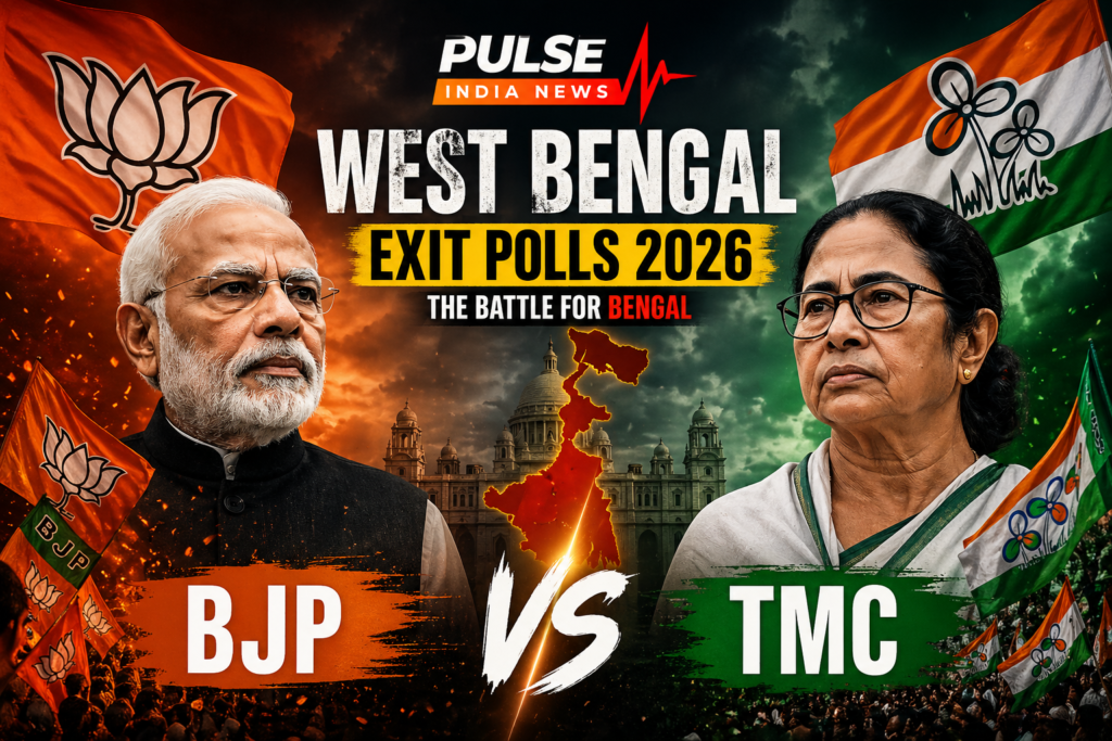 West Bengal exit polls 2026 showing BJP vs TMC political contest with leaders representing both parties in a cinematic face off
