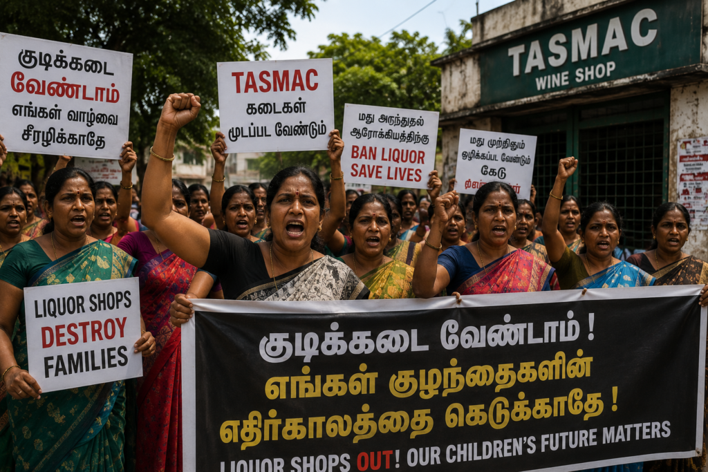 Women protesting against liquor shops in Tamil Nadu