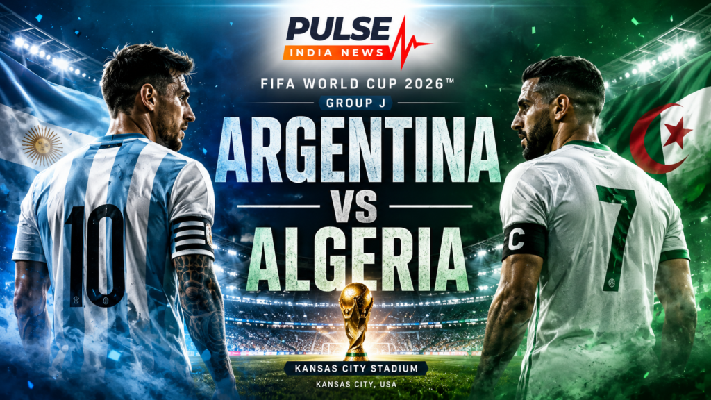 Argentina vs Algeria Preview, Prediction, Lineups and Team Analysis | FIFA World Cup 2026 Argentina vs Algeria FIFA World Cup 2026 featured image showing two generic football captains in Argentina-inspired and Algeria-inspired kits facing off under dramatic stadium lights, with Pulse India News branding.