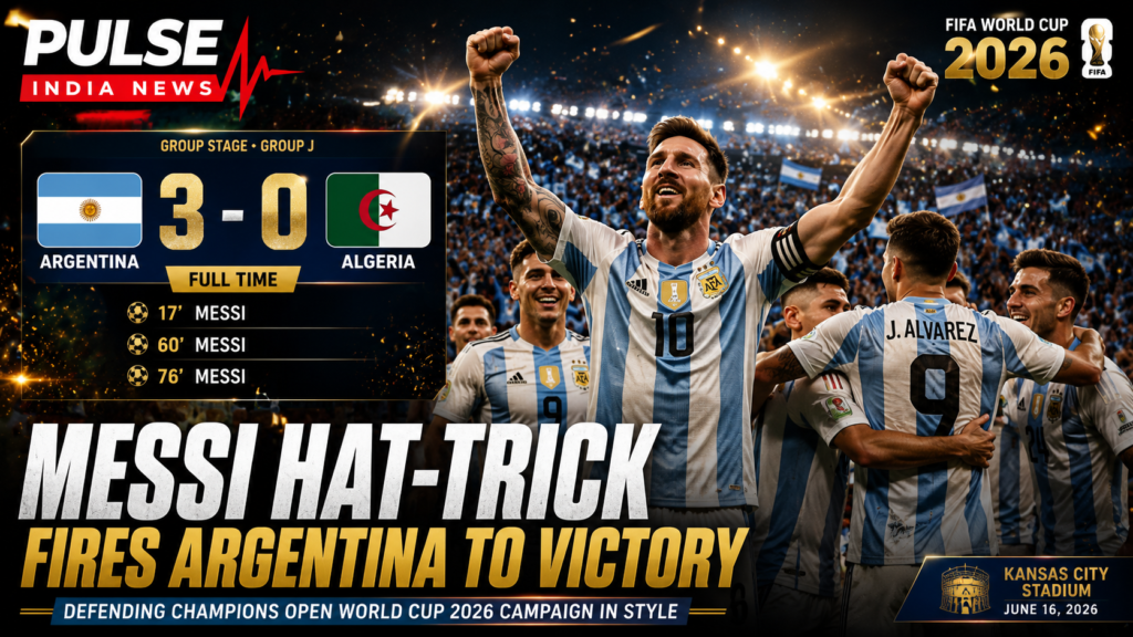 Argentina vs Algeria Review: Lionel Messi Hat-Trick Powers Defending Champions To 3-0 World Cup Victory Lionel Messi celebrates after scoring a hat-trick as Argentina defeated Algeria 3-0 in their FIFA World Cup 2026 Group J opener, featured in a cinematic Pulse India News sports graphic.