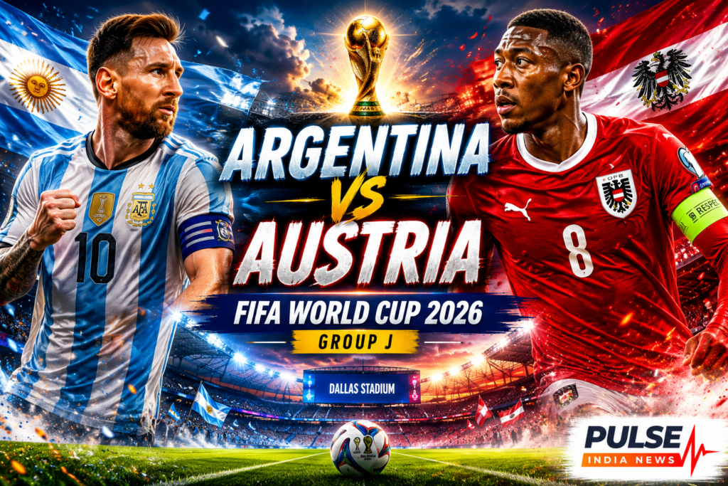 Lionel Messi of Argentina and David Alaba of Austria featured in a cinematic FIFA World Cup 2026 Group J match preview graphic at Dallas Stadium with World Cup trophy and Pulse India News logo.