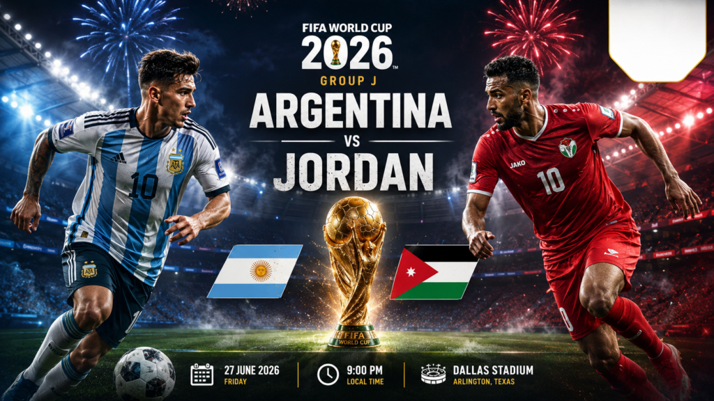 Cinematic FIFA World Cup 2026 Group J match poster featuring Argentina and Jordan with footballers in their national team colors, the FIFA World Cup trophy at the center, fireworks above a packed stadium, and the Pulse India News logo positioned at the top-right.