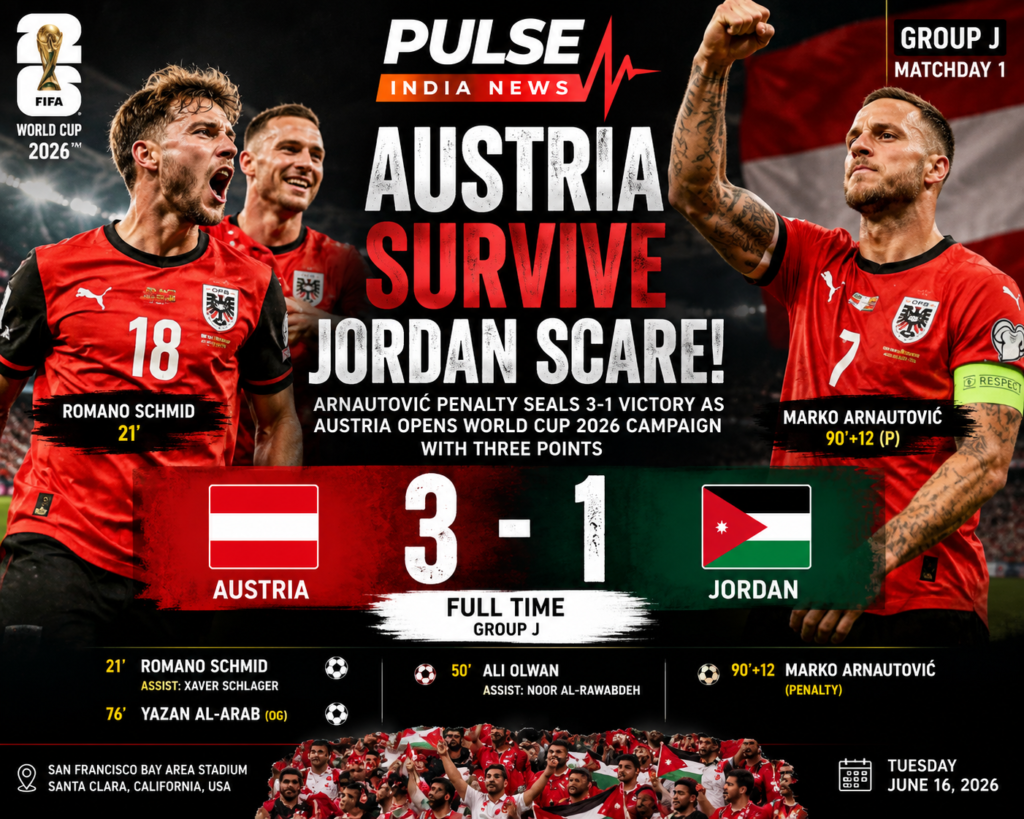 Austria vs Jordan Review: Arnautović Seals 3-1 Win As Austria Survive Jordan Scare In World Cup Opener Austria players celebrate their 3-1 victory over Jordan in a cinematic FIFA World Cup 2026 sports graphic featuring the final score, goalscorers, stadium atmosphere, and Pulse India News branding.