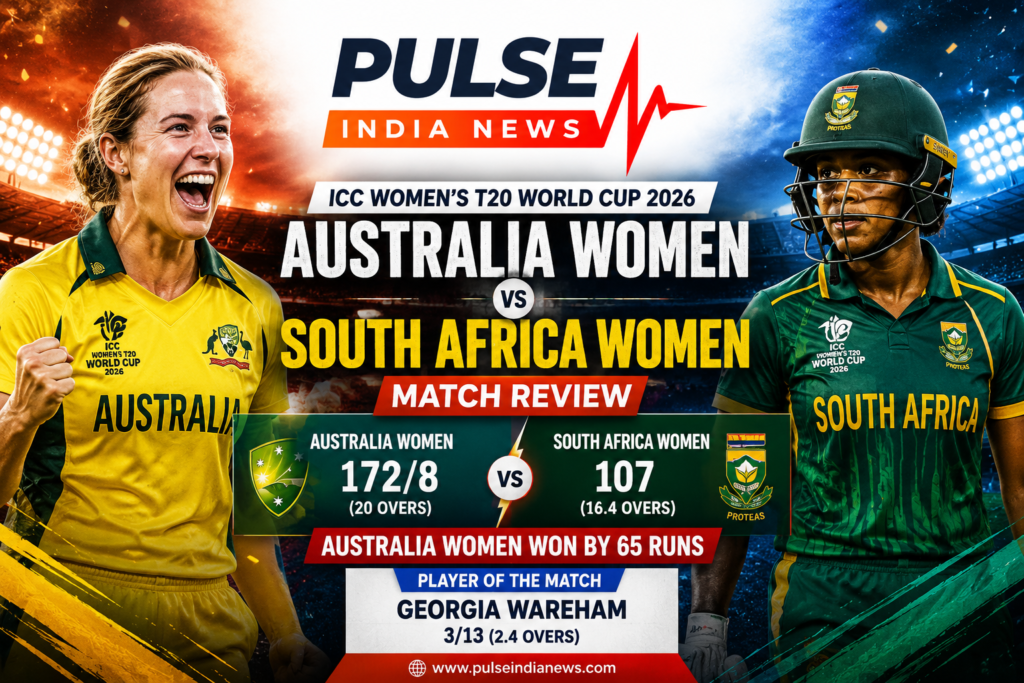 Australia Women celebrate a dominant 65-run victory over South Africa Women in the ICC Women’s T20 World Cup 2026 at Emirates Old Trafford, Manchester.