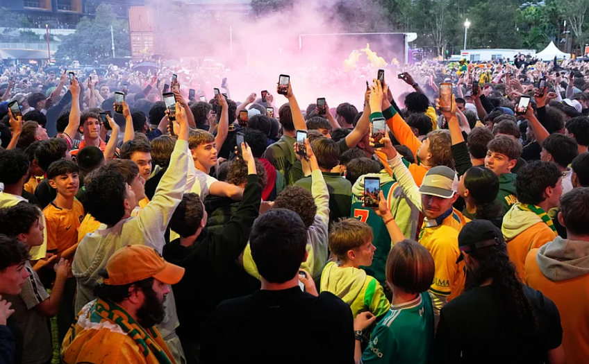 Australia fans celebrate in Sydney after the Socceroos defeated Türkiye in the FIFA World Cup 2026