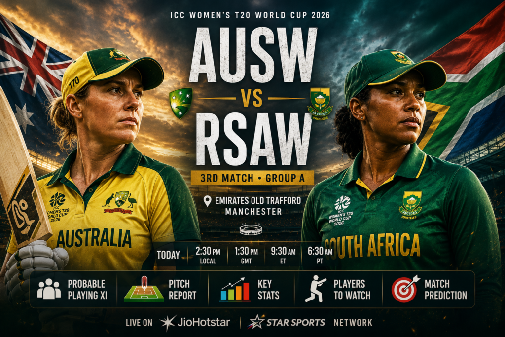 Australia Women and South Africa Women players featured in a cinematic ICC Women’s T20 World Cup 2026 match preview poster at Emirates Old Trafford, Manchester.