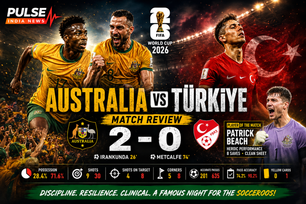 Australia players celebrate their 2-0 victory over Türkiye in a cinematic FIFA World Cup 2026 match review graphic featuring Patrick Beach, Nestory Irankunda, Connor Metcalfe, match statistics, and the Pulse India News logo.
