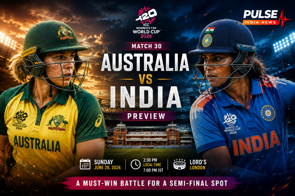 Australia vs India Women's T20 World Cup 2026 preview graphic featuring Australian and Indian women cricketers in their national kits at Lord's Cricket Ground, with the Pulse India News logo and tournament branding highlighting the crucial semi-final race clash.