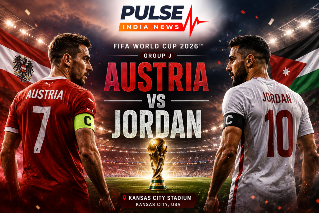 Austria vs Jordan FIFA World Cup 2026 featured image showing two football captains facing each other under stadium floodlights, with Austria and Jordan national colors, the World Cup trophy, and Pulse India News branding.