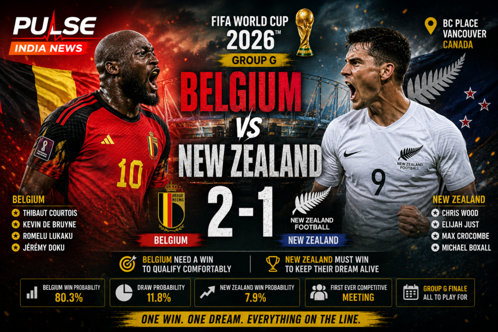 A cinematic Belgium vs New Zealand match poster for the FIFA World Cup 2026 Group G finale featuring Romelu Lukaku and Chris Wood, the Pulse India News logo, BC Place Vancouver, and a predicted 2–1 Belgium victory.