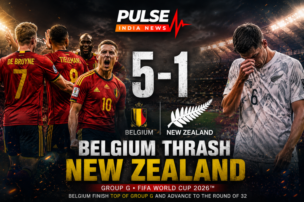 Belgium players celebrate a dominant 5-1 victory over New Zealand in the FIFA World Cup 2026 Group G match as the Red Devils secure top spot and qualify for the Round of 32.