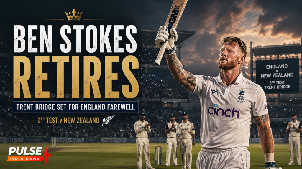 Ben Stokes raises his bat in an emotional farewell scene at Trent Bridge as England vs New Zealand third Test retirement graphic features Pulse India News logo.