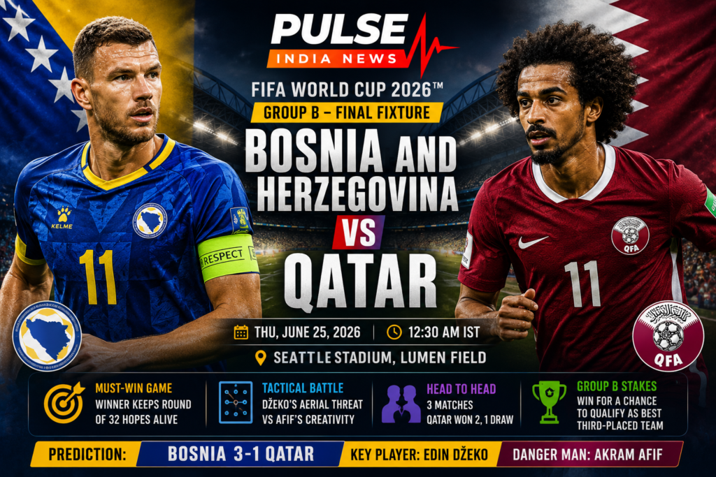 Bosnia and Herzegovina vs Qatar FIFA World Cup 2026 Group B match preview graphic featuring Edin Džeko and Akram Afif, national flags, Pulse India News branding, match details, tactical analysis, head-to-head statistics and prediction at Seattle Stadium.