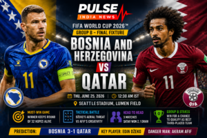 Bosnia and Herzegovina vs Qatar FIFA World Cup 2026 Group B match preview graphic featuring Edin Džeko and Akram Afif, national flags, Pulse India News branding, match details, tactical analysis, head-to-head statistics and prediction at Seattle Stadium.
