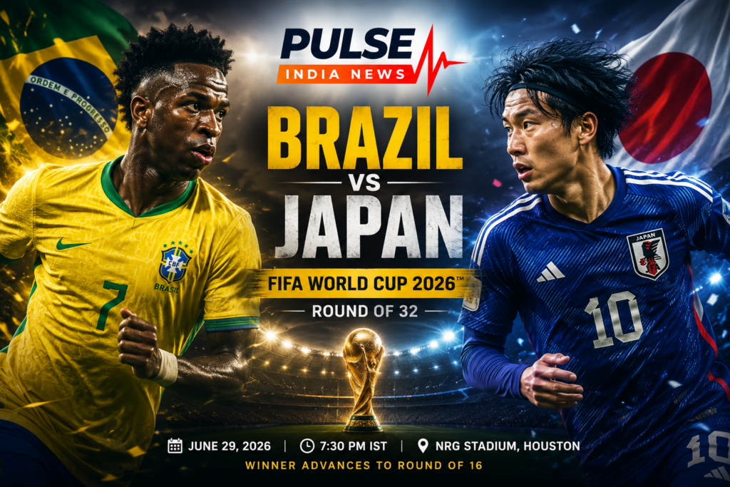 Brazil vs Japan FIFA World Cup 2026 Round of 32 cinematic poster featuring players, national flags, trophy, NRG Stadium, and Pulse India News logo.