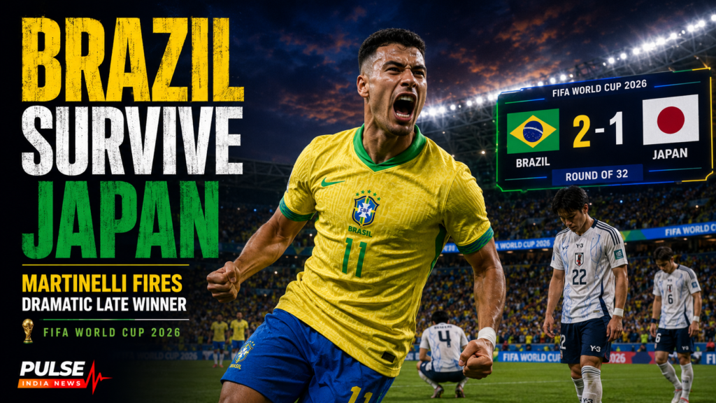 Brazil player celebrates after Gabriel Martinelli’s late winner sealed a 2-1 victory over Japan in the FIFA World Cup 2026 Round of 32.