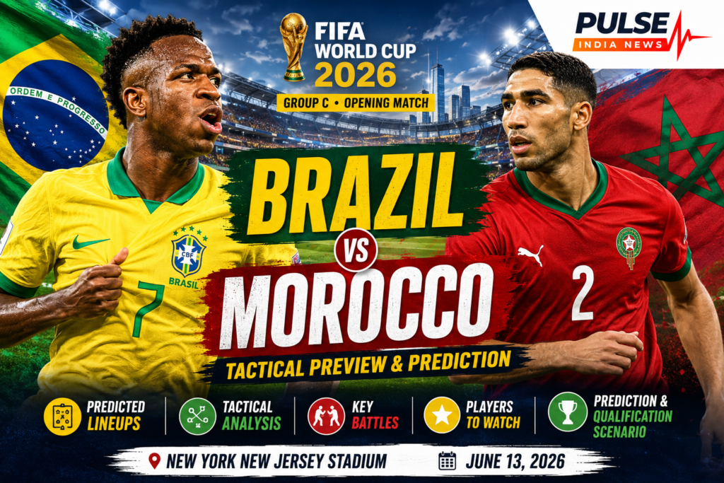 Brazil vs Morocco Preview: Predicted Lineups, Tactical Analysis, Key Battles & Prediction Vinicius Junior and Achraf Hakimi featured in a cinematic FIFA World Cup 2026 match poster for Brazil vs Morocco at New York New Jersey Stadium.