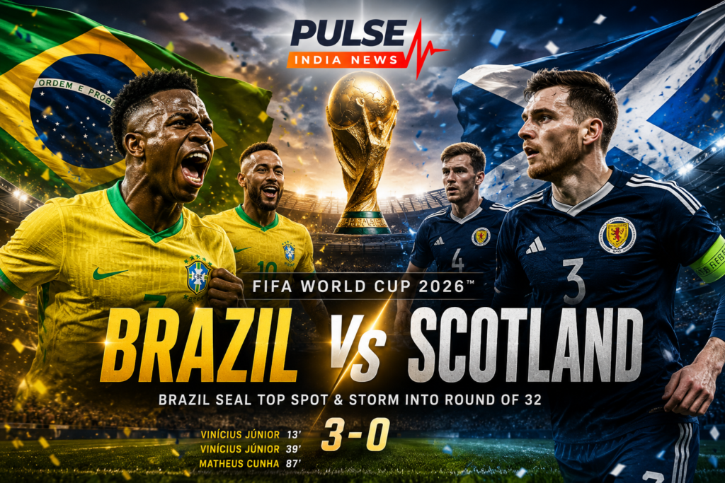 Brazil players celebrate after defeating Scotland 3-0 in the FIFA World Cup 2026 Group C match as Vinícius Júnior scores twice and Matheus Cunha adds the third goal.