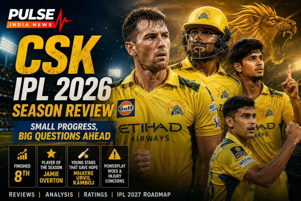 CSK IPL 2026 season review graphic featuring Chennai Super Kings players in yellow jerseys, Jamie Overton in the center, young stars Ayush Mhatre and Urvil Patel, a roaring lion background, and season highlights including eighth-place finish, player of the season, and IPL 2027 roadmap.