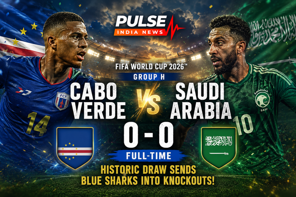 A cinematic FIFA World Cup 2026 match graphic showing Cabo Verde and Saudi Arabia after a 0-0 draw, with the Pulse India News logo, national flags, final score, and the headline celebrating Cabo Verde's historic qualification to the Round of 32.
