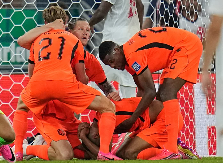 Cody Gakpo celebrates after scoring Netherlands opening goal against Morocco in FIFA World Cup 2026 Round of 32