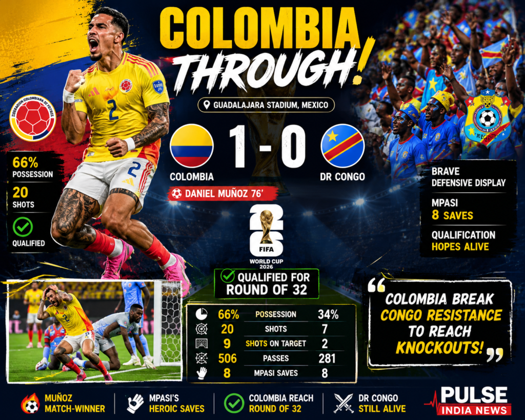 Daniel Muñoz celebrates after scoring the winning goal as Colombia defeated DR Congo 1-0 to qualify for the FIFA World Cup 2026 Round of 32.