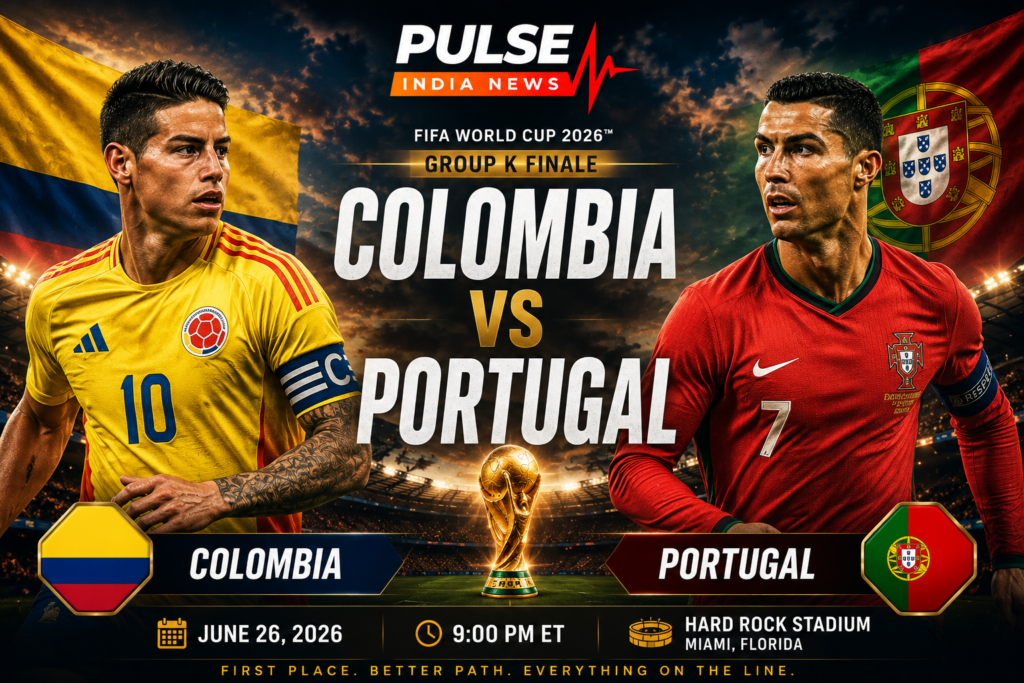 Colombia vs Portugal FIFA World Cup 2026 preview graphic featuring James Rodríguez and Cristiano Ronaldo, the national flags of Colombia and Portugal, the FIFA World Cup trophy, and the Pulse India News logo ahead of the decisive Group K finale at Hard Rock Stadium in Miami.