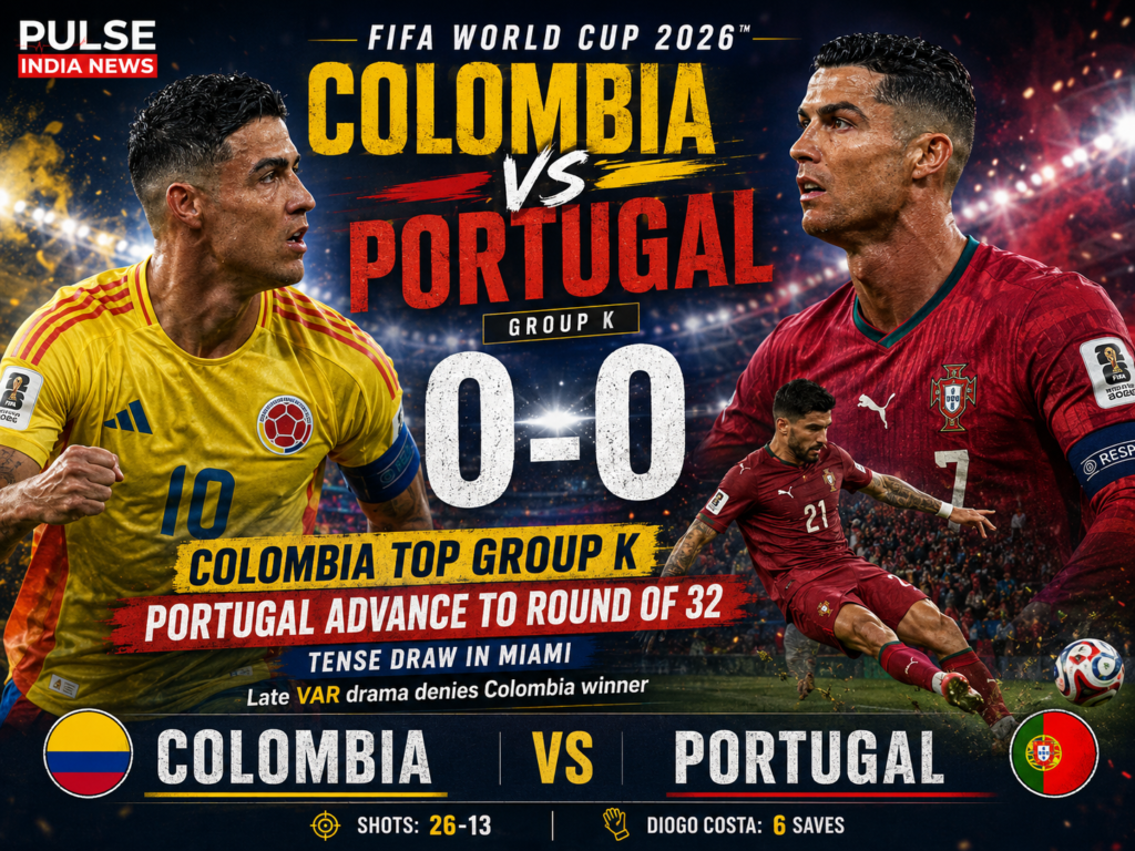 Cinematic featured graphic of Colombia vs Portugal ending 0-0 in FIFA World Cup 2026 Group K, featuring Cristiano Ronaldo, Colombia captain James Rodríguez, final score, VAR drama, and Pulse India News logo.