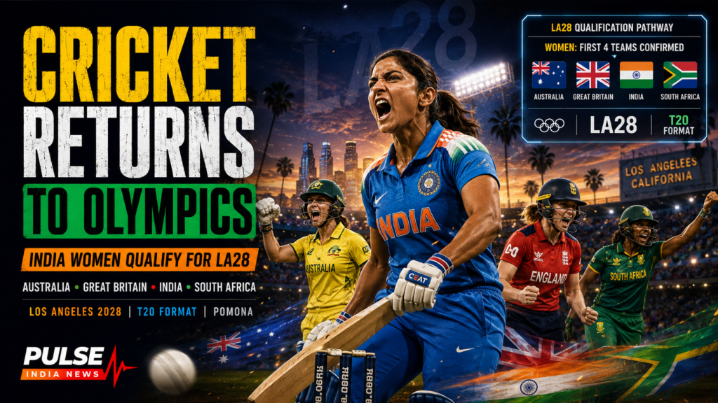 India women cricketer celebrates as cricket returns to the Olympics at LA28, with Australia, Great Britain, India and South Africa confirmed for the women’s T20 event.