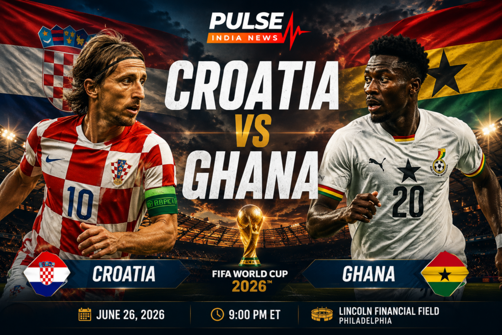 Croatia vs Ghana FIFA World Cup 2026 preview graphic featuring Luka Modrić and a Ghana player, national flags, the FIFA World Cup trophy, and the Pulse India News logo ahead of the decisive Group L match at Lincoln Financial Field in Philadelphia.