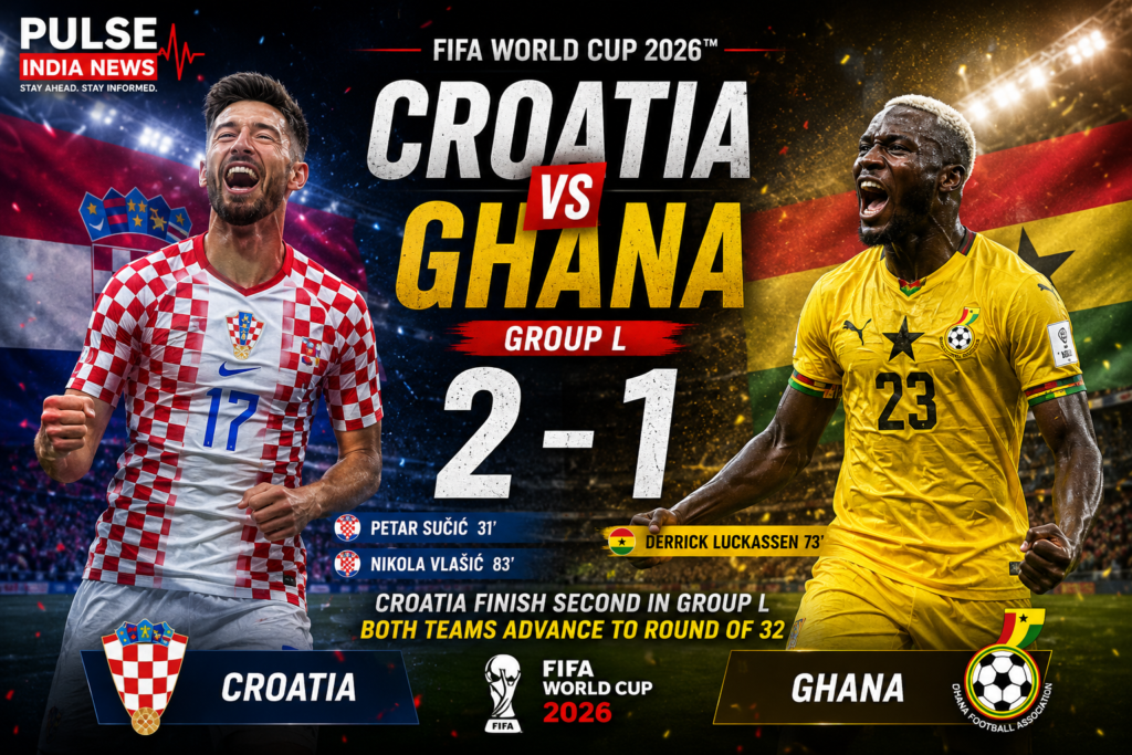 Cinematic featured graphic of Croatia's 2-1 victory over Ghana in the FIFA World Cup 2026 Group L, featuring Petar Sučić and Derrick Luckassen with the Pulse India News logo.