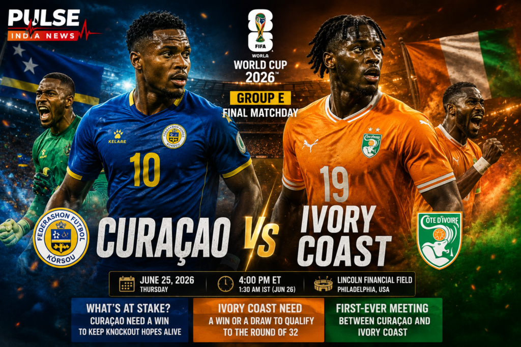 Cinematic FIFA World Cup 2026 match poster featuring Curaçao and Ivory Coast players ahead of their decisive Group E clash, with Pulse India News branding.