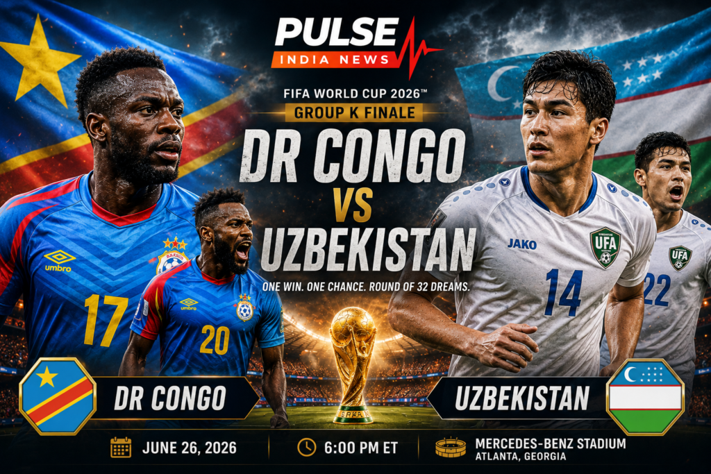DR Congo vs Uzbekistan FIFA World Cup 2026 preview graphic featuring players from both national teams, their flags, the FIFA World Cup trophy, and the Pulse India News logo ahead of the decisive Group K match at Mercedes-Benz Stadium in Atlanta.
