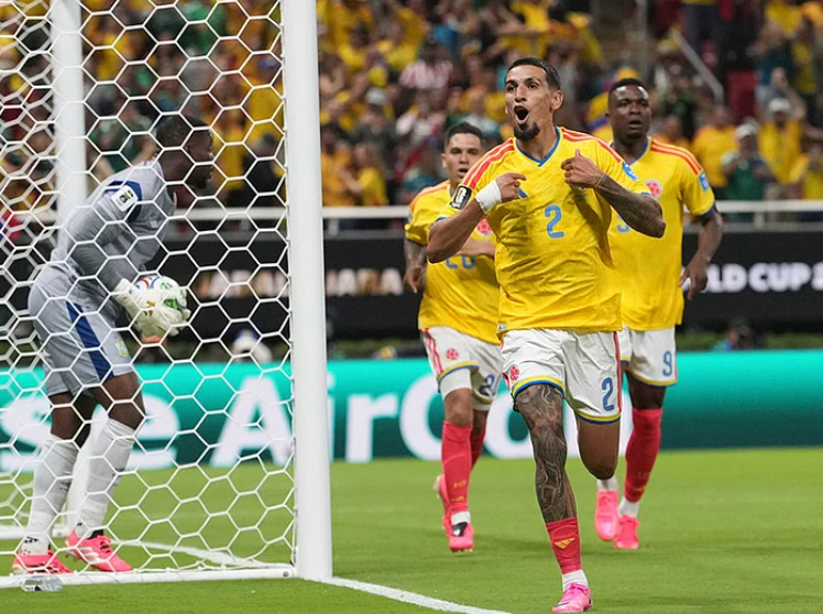 Daniel Munoz celebrates after scoring for Colombia against DR Congo in FIFA World Cup 2026