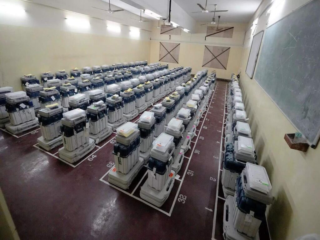 Rows of Electronic Voting Machines stored in a secure election strong room in India