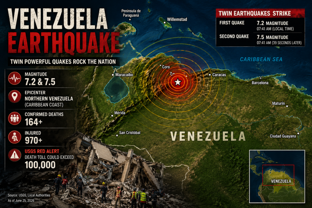 Infographic map showing the epicenter and impact zone of Venezuela