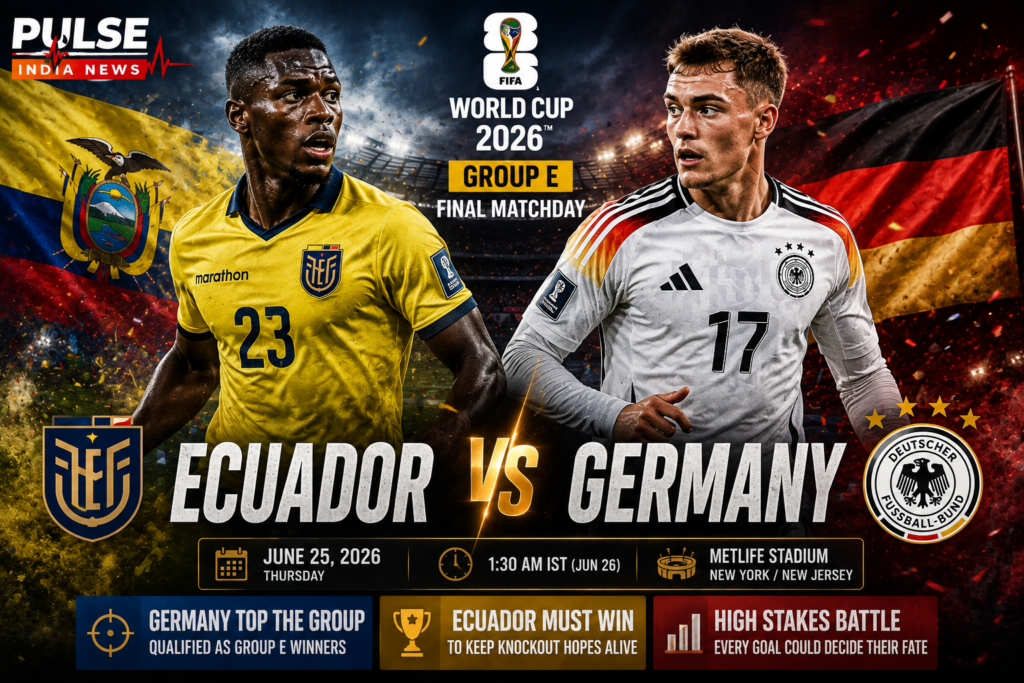 Ecuador vs Germany FIFA World Cup 2026 Group E preview poster featuring Ecuador and Germany players in a cinematic stadium setting with Pulse India News branding.