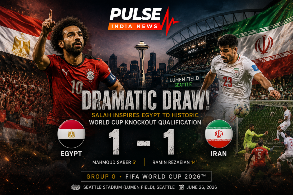 Cinematic featured image of Egypt vs Iran ending 1-1 in the FIFA World Cup 2026 Group G match, with Mohamed Salah leading Egypt to historic Round of 32 qualification.