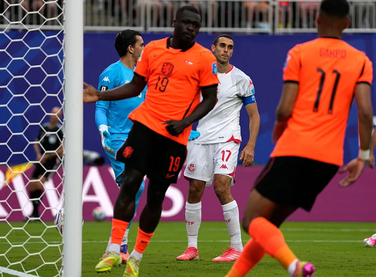 Ellyes Skhiri reacts after own goal during Tunisia vs Netherlands FIFA World Cup 2026 match