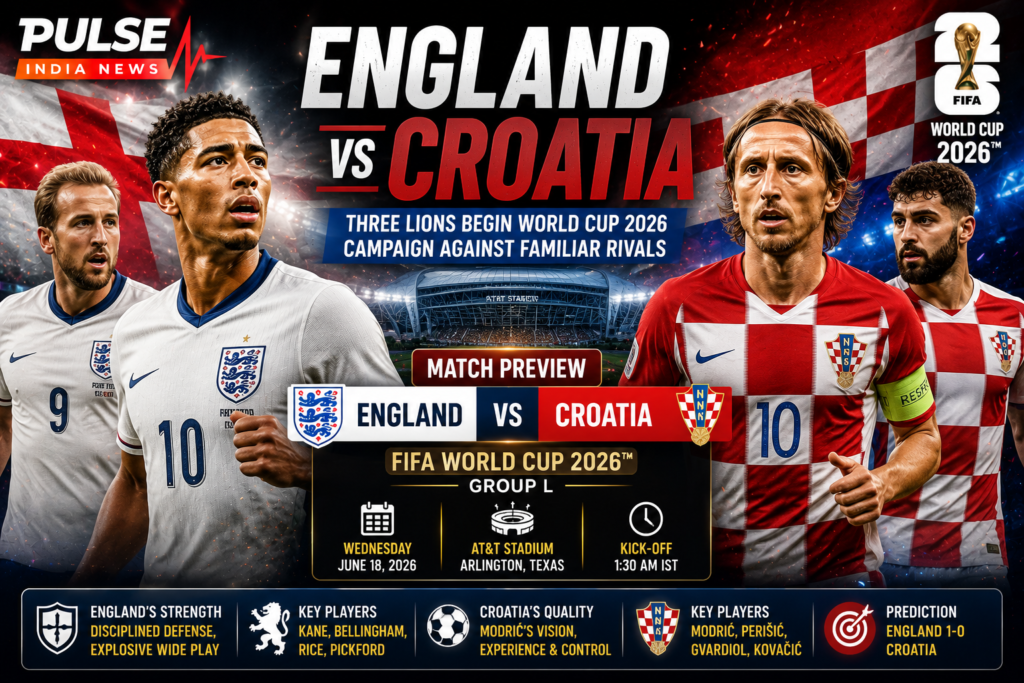 England vs Croatia Preview: Predicted Lineups, Tactical Analysis & World Cup 2026 Prediction Jude Bellingham and Harry Kane face Luka ModriÄ and Croatia in a cinematic FIFA World Cup 2026 Group L match preview graphic featuring AT&T Stadium, tournament branding, and Pulse India News logo.