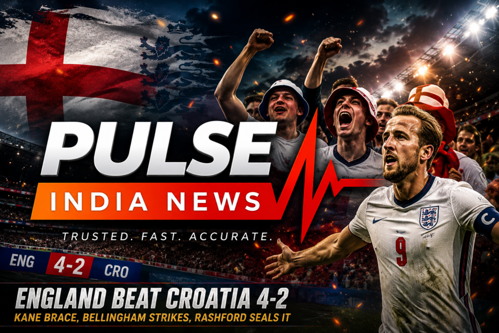 England vs Croatia Review: Kane Brace Powers Three Lions to 4-2 World Cup Victory Cinematic sports graphic featuring England's 4-2 victory over Croatia in the FIFA World Cup 2026, with celebrating England fans, a star striker, stadium lights, and Pulse India News branding.