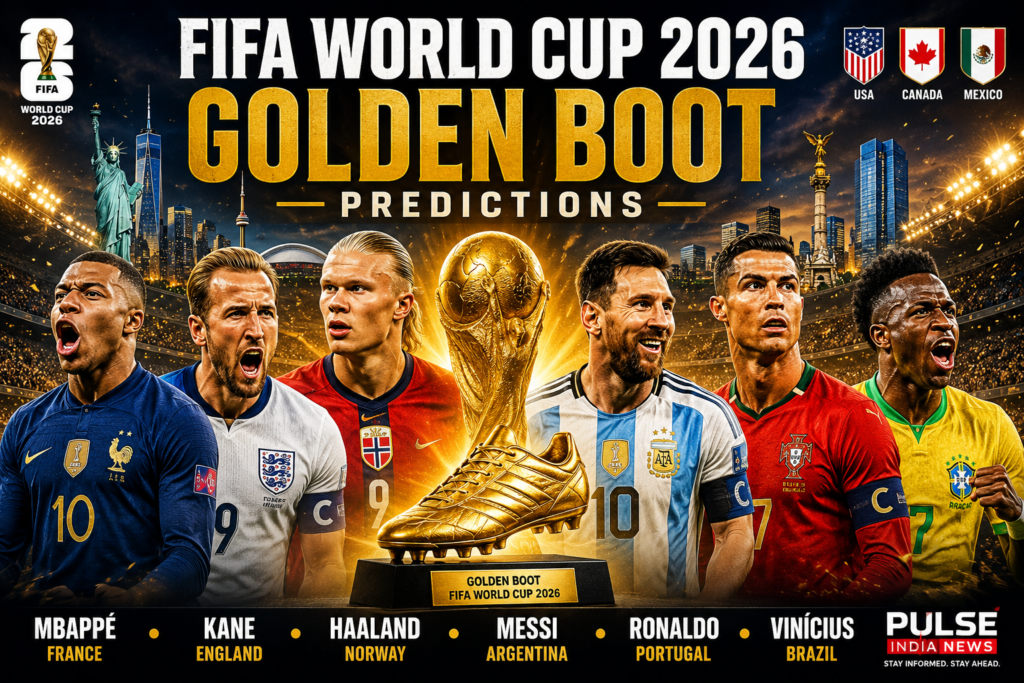 FIFA World Cup 2026 Top Goalscorer Predictions: Golden Boot Race Analysis FIFA World Cup 2026 Golden Boot predictions poster featuring Kylian Mbappé, Harry Kane, Erling Haaland, Lionel Messi, Cristiano Ronaldo and Vinícius Júnior surrounding the FIFA World Cup trophy and Golden Boot award.