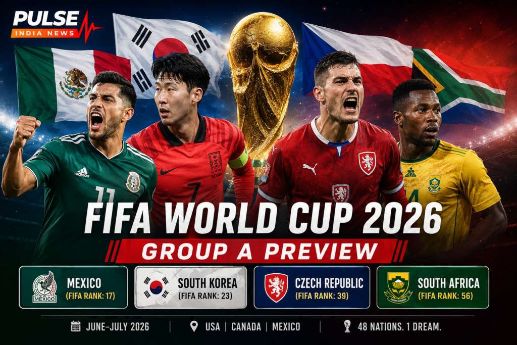 FIFA World Cup 2026 Group A Analysis: Mexico, South Korea, Czech Republic & South Africa Team Preview FIFA World Cup 2026 Group A preview featuring Mexico, South Korea, Czech Republic and South Africa with the FIFA World Cup trophy and Pulse India News branding.
